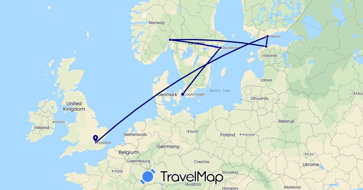 TravelMap itinerary: driving in Denmark, Estonia, Finland, United Kingdom, Norway, Sweden (Europe)